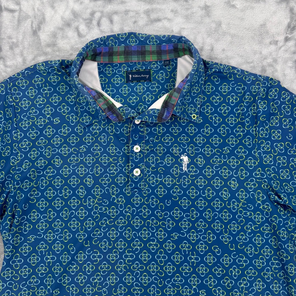 William Murray Mens‎ Large Blue Horseshoe Clover Golf Polo Shirt Plaid Trim